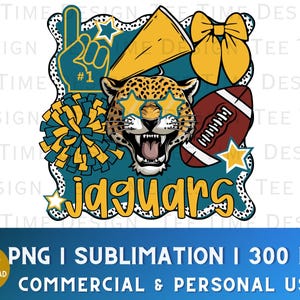 May include: A digital design with a jaguar wearing star-shaped sunglasses, a football, and a pom-pom. The design includes the word "jaguars" in yellow, a #1 foam finger, and a megaphone. The design is for commercial and personal use.