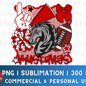 Mustangs Preppy Mascot Design Coquette Bow PNG Red and White Sports Team Whimsical Border