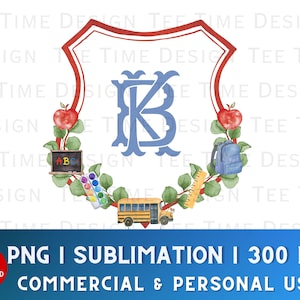 Escudo escolar personalizado de acuarela preppy, imagen prediseñada Grandmillenial PNG, regreso a clases, escudo de maestro y estudiante, monograma, colores primarios, DTF digital