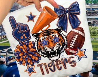 Tigers Football PNG, Preppy Coquette Bow, Impasto Paint Brushstroke Navy and Orange Sports Team Mascot