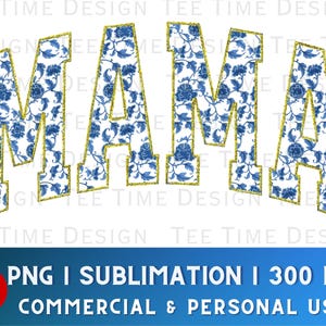 Azul e Branco Chinoiserie Ouro Glitter Mama png, Blue Willow Mom Sublimação Trendy Preppy Design Letras Atléticas Presente Mãe Grandmillenial
