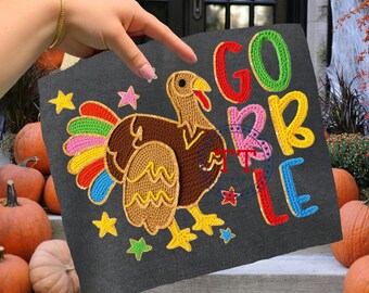 Kunstgarn häkeln Thanksgiving Türkei PNG, Gobble Knit Doodle Buchstaben, Gold Glitter