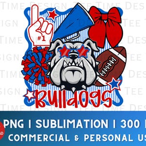 Bulldogs Preppy Mascot Design Coquette Bow PNG Red and Blue Sports Team Whimsical Border