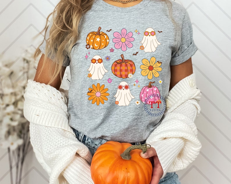 Retro Pumpkin png, Retro Ghost png, Groovy Halloween png, Fun Halloween png, Fall Coquette Bow PNG, Fall vibes, Retro Fall, Cute T-shirt image 3