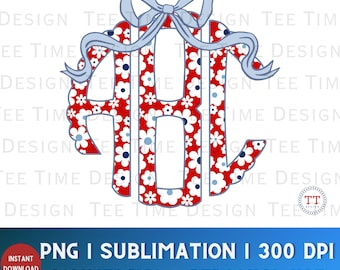 Aangepaste patriottische bloemen geschulpte monogram png-initialen preppy retro coquette strik gepersonaliseerde USA land trendy girly DTF png-overdracht
