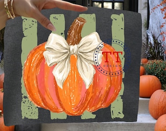Rustic Painted Pumpkin PNG:  Vintage Distressed Fall Stripes, Coquette Bow (Digital Download)