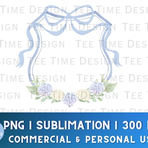 Lazo de hortensia floral azul preppy, imagen prediseñada de Grandmillenial PNG, invitación para bautizo de bebé, logotipo de acuarela, sublimación digital