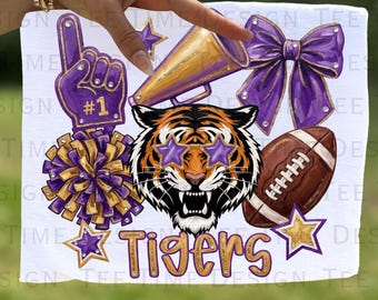 Tigers Preppy Football Coquette Bow png, Impasto Paint Brushstroke Girls Purple and Gold Sports design, Game Day Team Mascot