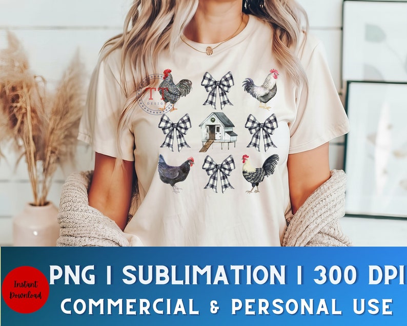 May include: A sublimation design featuring a white chicken coop with black and white checkered bows, chickens, and roosters.  The design is perfect for creating t-shirts, mugs, tote bags, and other personalized items.