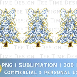 Blue and White Chinoiserie Coquette Gold Glitter Christmas Trees Coquette Bow png,  Preppy Grandmillenial Dalmation Dots Girls Design