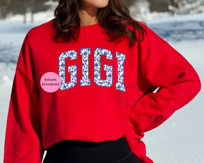 May include: Red sweatshirt with a blue and white patterned "GIGI" graphic on the front.