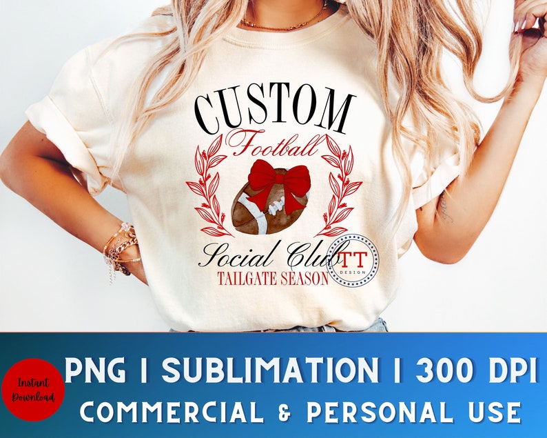 May include: A white t-shirt with a design featuring a football with a red bow, surrounded by green leaves. The text "CUSTOM Football Social Club TAILGATE SEASON" is printed on the shirt.