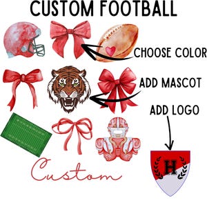 Könnte beinhalten: Individuelle Fußball-Design mit einem roten Helm, einem Tiger-Maskottchen, einem Fußball, einer roten Schleife, einem Fußballfeld, einem Fußballspieler und einem Schild mit dem Buchstaben H. Farbe wählen, Maskottchen hinzufügen, Logo hinzufügen.