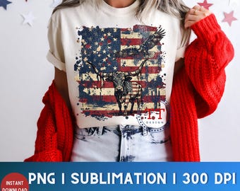 Patriotic Graphic Longhorn American Eagle Grunge PNG, Western Distressed Cowboy Graphic Design (Digital Download)