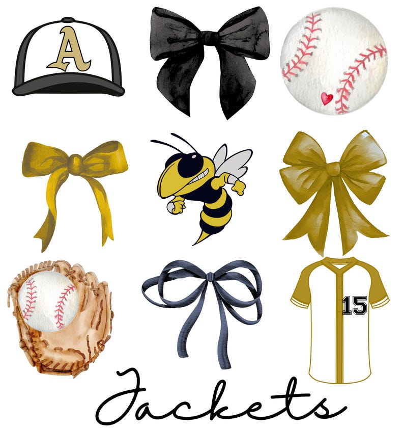 Pu&ograve; includere: Un set di nove toppe da stirare che comprendono una palla da baseball, un guanto da baseball, una mascotte ape, un berretto da baseball con la lettera A e quattro diversi modelli di fiocco in nero, oro e blu navy. Le toppe sono tutte su uno sfondo bianco e il testo "Jackets" &egrave; scritto sotto le toppe.