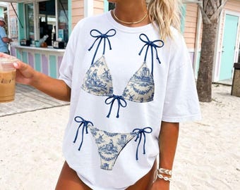 Blue Toile Bikini PNG, Faux Fabric Chinoiserie Swimsuit Design, Coquette Grandmillennial Beach Shirt, Coastal Preppy Design