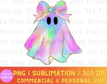 Zucca fantasma iridescente PNG: design di Halloween con fiocco civettuolo (download digitale)