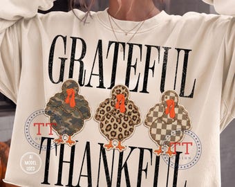 Patchwork Turkey PNG, Grateful Thankful Checkered Camo Leopard Pattern, Fall Thanksgiving Design