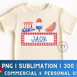 May include: A white t-shirt with a red, white, and blue Fourth of July themed design. The design includes a watermelon slice, an ice cream pop, and a top hat with stars. The text "JAGK" is printed on a red and white checkered banner.