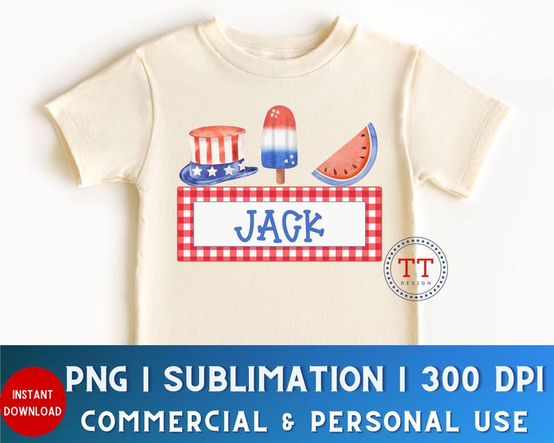 May include: A white t-shirt with a red, white, and blue Fourth of July themed design. The design includes a watermelon slice, an ice cream pop, and a top hat with stars. The text "JAGK" is printed on a red and white checkered banner.