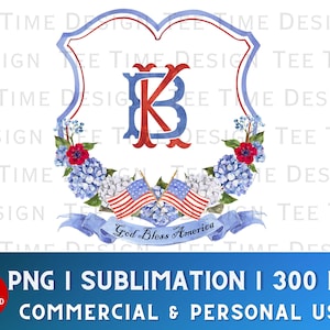 Kundenspezifisches Vaterländisches Blumen Hortensien Wappen Grandmillennial PNG 4. Juli Amerikanische Flaggen Einladung Aquarell Bogen Monogramm Gott segne Amerika