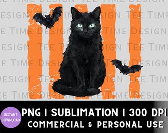Thick Painted Black Cat PNG:  Vintage Distressed Fall Stripes, Halloween Bats (Digital Download)