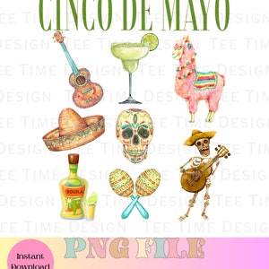 Pu&ograve; includere: Un set di immagini clipart digitali che rappresentano vari elementi di una festa del Cinco de Mayo. Le immagini includono una chitarra, una margarita, un lama, un sombrero, un teschio di zucchero, uno scheletro che suona la chitarra, una bottiglia di tequila e maracas.