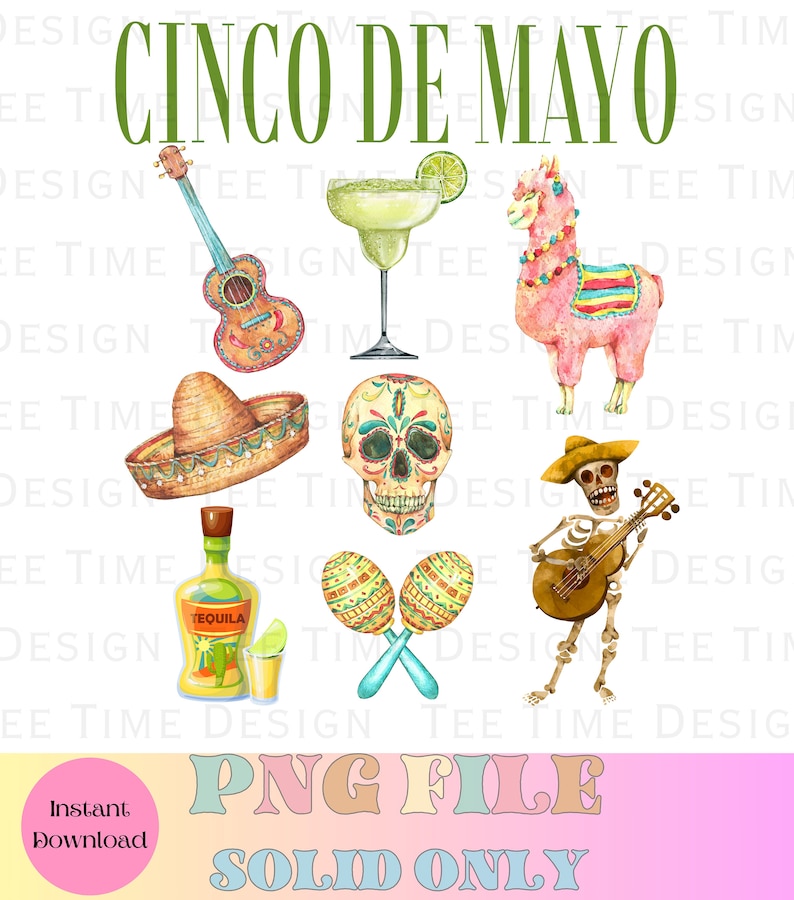 Pu&ograve; includere: Un set di immagini clipart digitali che rappresentano vari elementi di una festa del Cinco de Mayo. Le immagini includono una chitarra, una margarita, un lama, un sombrero, un teschio di zucchero, uno scheletro che suona la chitarra, una bottiglia di tequila e maracas.