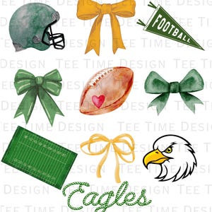 May include: Watercolor clipart set featuring green and yellow bows, a football, a football helmet, a football field, an eagle, and the word "Eagles" in green rope.