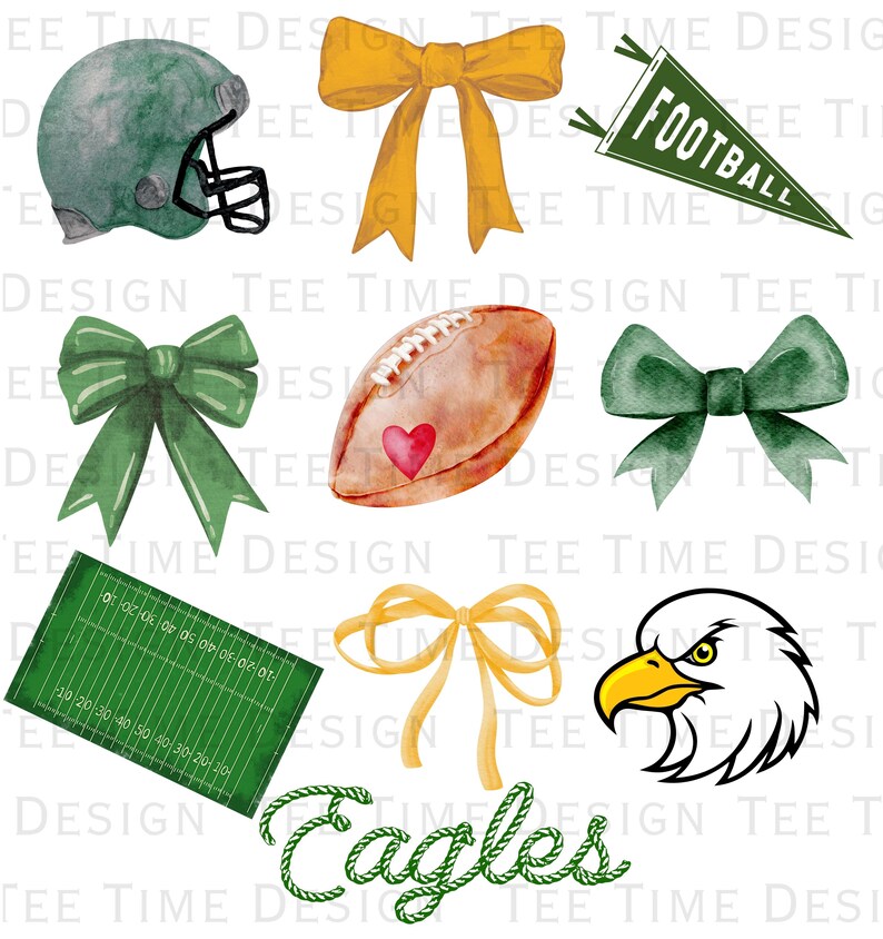 May include: Watercolor clipart set featuring green and yellow bows, a football, a football helmet, a football field, an eagle, and the word "Eagles" in green rope.
