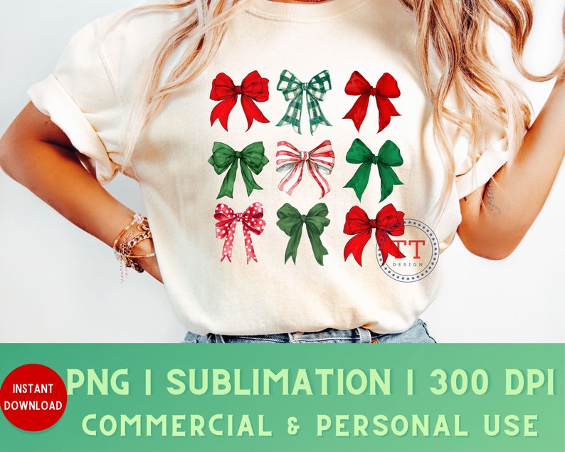 May include: A white t-shirt with a design of nine red, green, and white bows. The bows are arranged in a grid pattern. The text "TT Design" is in the lower right corner of the shirt.