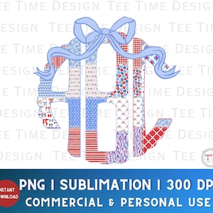 以下が含まれることがあります： 赤、白、青のパッチワーク模様の生地で構成された「HJL」の文字のモノグラムデザイン。水色のリボンが飾られています。昇華印刷用で、商用および個人使用を目的としています。