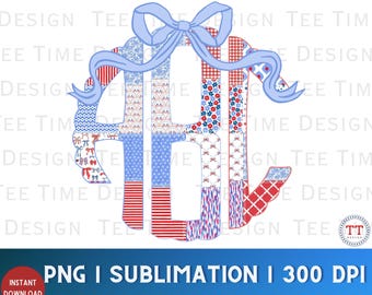 Aangepaste patriottische patchwork geschulpte monogram PNG initialen preppy Grandmillenial Coquette Bow gepersonaliseerde USA land trendy girly DTF