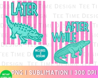 2 Pink Striped Later Gator After While Crocodile png, Summer Tropical Stripe Design, Bright Preppy