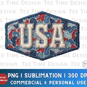 May include: A patriotic patch with the word "USA" in white, outlined in a navy blue stitched border. The background features a patchwork design of red, white, and blue fabric pieces, creating a vintage, distressed look. The patch is in a hexagonal shape.