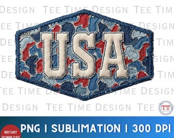 USA Camo Patch PNG, Faux Embroidery, Retro 4th of July Patriotic American Girl