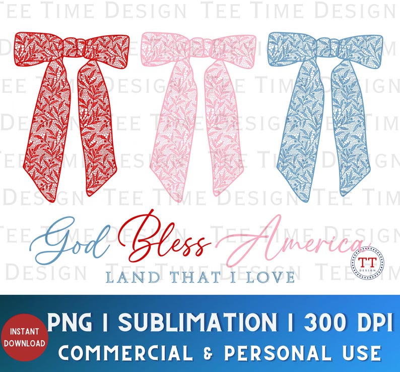 Dios bendiga a Estados Unidos (Png), Lazo de coqueta (4 de julio) (Png), Arte de sublimación, Lazos de encaje (Png), descarga digital, Tierra que amo, Lazos patrióticos imagen 1