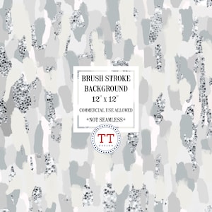Puede incluir: Un fondo de papel digital con un patrón de pinceladas en tonos grises y blancos. El fondo mide 12 pulgadas por 12 pulgadas y no es sin costuras. El texto "BRUSH STROKE BACKGROUND 12" x 12" COMMERCIAL USE ALLOWED *NOT SEAMLESS* TT DESIGN" está en el centro de la imagen.