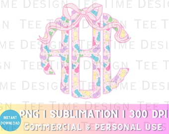 May include: A pink monogram letter "B" with a pink bow. The letter is filled with a pattern of pastel-colored Peeps candy. The background is white.