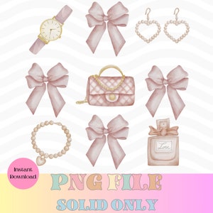 May include: A set of watercolor illustrations featuring various feminine accessories, including a watch, a handbag, a perfume bottle, jewelry, and bows. The illustrations are in shades of pink and gold.
