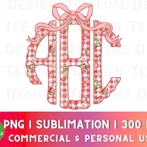 Könnte beinhalten: Ein rotes und weißes Gingham-Monogramm mit einer rosa Schleife. Das Monogramm hat die Form eines Kreises und die Buchstaben sind "ABC".