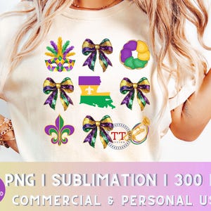 明るいグリッターのマルディグラ コケット ボウ PNG プレッピー昇華デザイン ガーリー トレンディ ニューオーリンズ 3X3 マルディグラ DTF 転写 美的シャツ