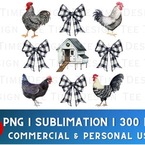 May include: A digital illustration set featuring a white chicken coop, two roosters, a hen, and three black and white gingham bows. The illustrations are in a watercolor style.
