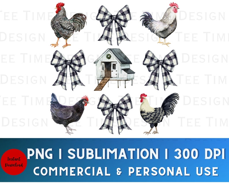 May include: A digital illustration set featuring a white chicken coop, two roosters, a hen, and three black and white gingham bows. The illustrations are in a watercolor style.