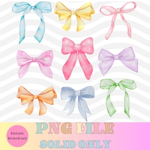 Può includere: Fiocchi ad acquerello in vari colori pastello, tra cui blu, giallo, rosa e verde, disposti su uno sfondo bianco con strisce grigie ondulate. L'immagine include il testo "PNG FILE SOLID ONLY" e "Instant Download".