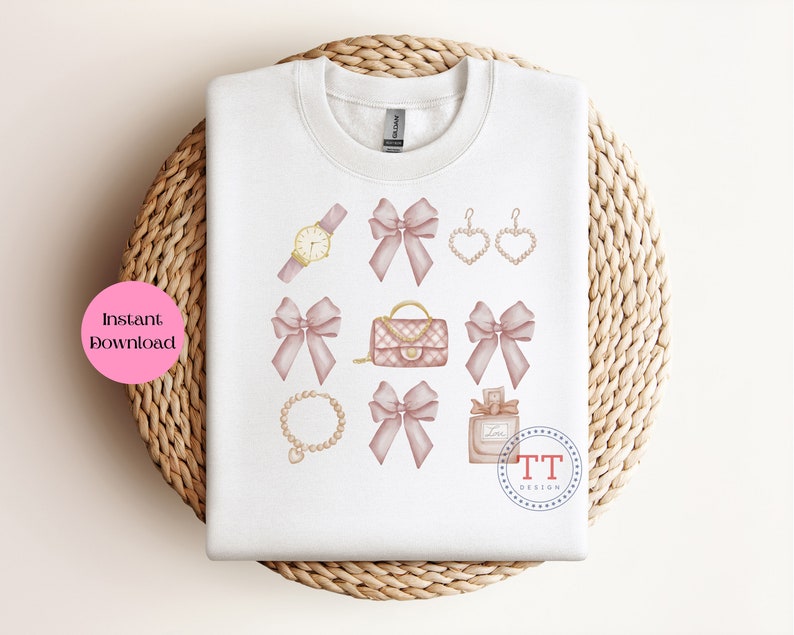 May include: A white sweatshirt with a design of pink bows, a gold watch, a gold chain necklace, a gold purse, a bottle of perfume, and gold earrings. The design is in a watercolor style.