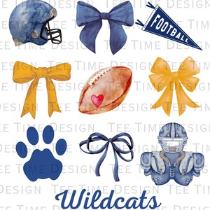 May include: A watercolor illustration of a set of blue and gold cheerleading and football themed graphics. The graphics include a football helmet, a football, a pennant with the word "Football" on it, a paw print, a bow, and a football player. The text "Wildcats" is written in blue cursive.
