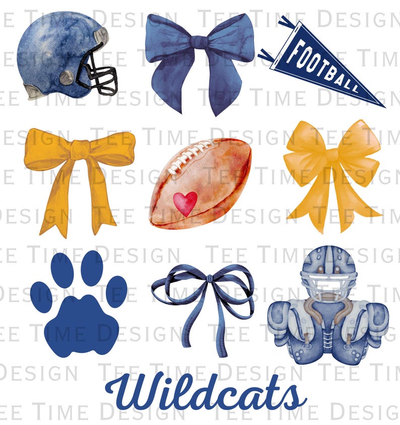 May include: A watercolor illustration of a set of blue and gold cheerleading and football themed graphics. The graphics include a football helmet, a football, a pennant with the word "Football" on it, a paw print, a bow, and a football player. The text "Wildcats" is written in blue cursive.