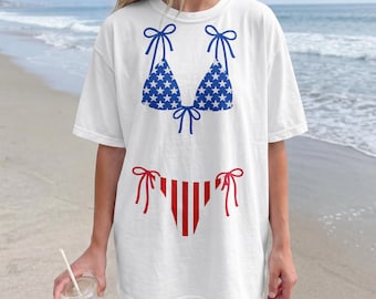 Patriotic Bikini PNG, Retro Stars and Stripes Swimsuit Design, Coquette Beach Shirt, Coastal Preppy Design, Vintage Summer Vibes