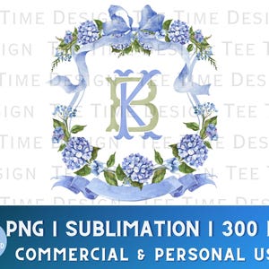 Benutzerdefinierte blaue Blumen Hortensien Kamm Grandmillennial Crest PNG Hochzeit Dusche Einladung Aquarell Kamm Monogramm Logo Baby Shower Design